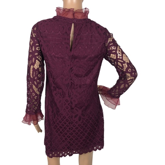 Lulus Ruffle Lace Overlay Shift Mini Dress Size S Burgundy Red Formal Romantic - Picture 5 of 8